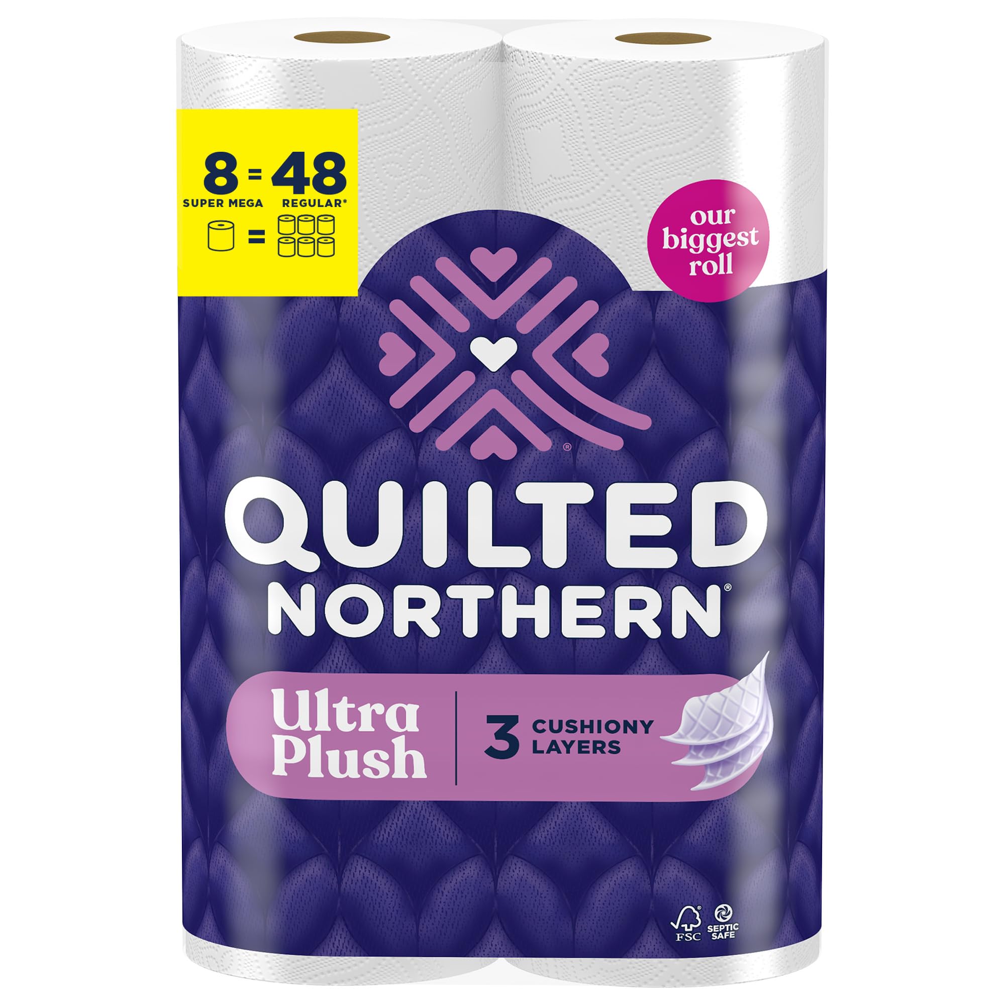 Quilted Northern Ultra Plush Toilet Paper, 8 Super Mega Rolls = 48 Regular Rolls, 3X Thicker*, 3 Ply Soft Toilet Tissue