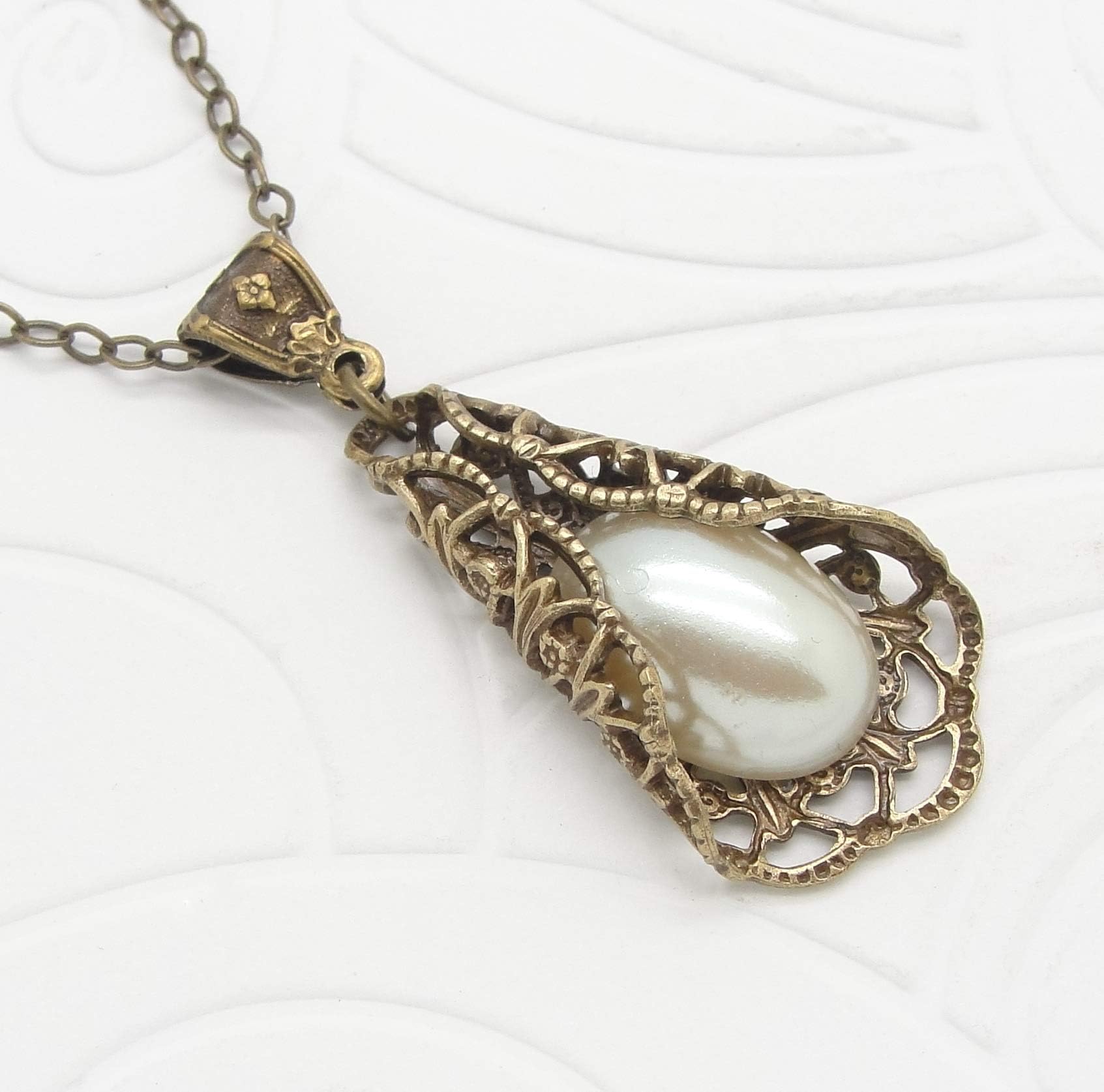 Neo Victorian Necklace with Simulated Pearl in Brass Filigree