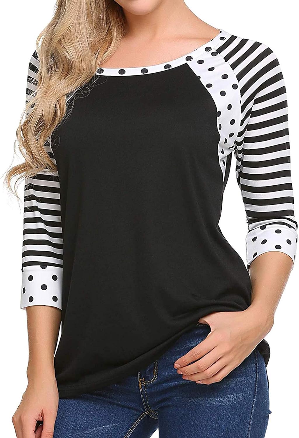Zeagoo Women's Polka Dots Shirt Striped 3/4 Sleeve Casual Scoop Neck Tops Tee S-XXXL