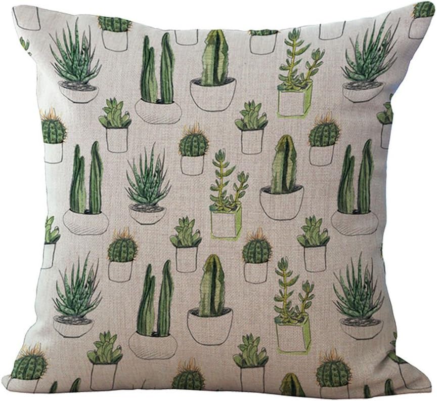 Hengjiang WEIANG Green Plant Cotton Linen Cushion Cover 18X18 Pillowcase Throw Pillow Case Sofa Decoration Tropical Cactus (06)