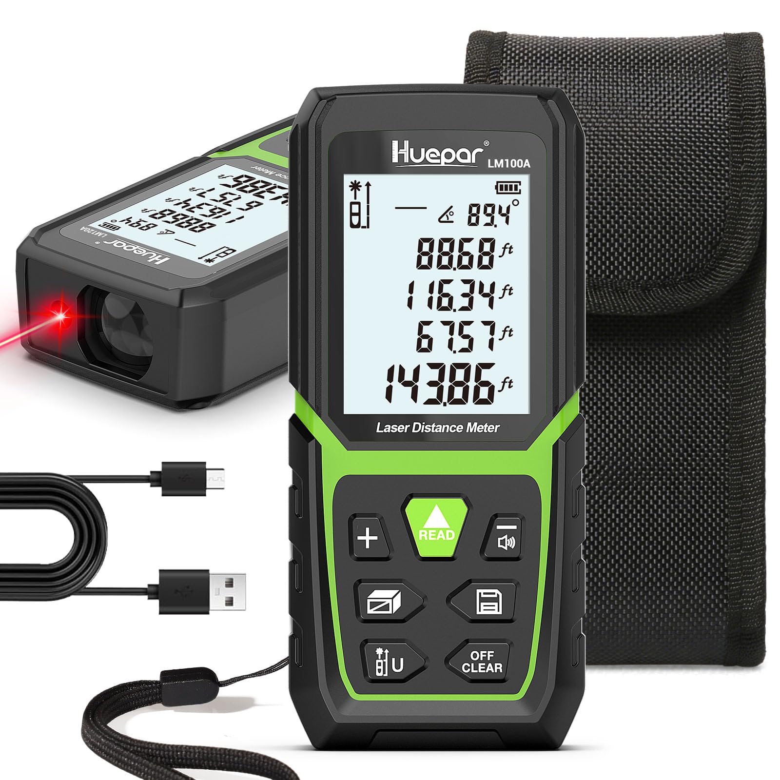 Laser Measure Device 120M/393Ft, Huepar Laser Distance Measure with Electronic Angle Sensor Portable Digital Measure Tool Range Finder with Bubble Level and Large LCD Backlit Mute and Waterproof IP54