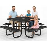 OUTTANS Commercial Metal Picnic Table (Black, 46in Square, Expanded Steel) | ADA Compliant Convertible, Heavy-Duty, Adjustable Seats, Umbrella Hole, Thermoplastic Coated, Weather Resistant