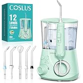 COSLUS E2 Water Dental Flosser for Teeth, Multi-User Family Use, Green | 12 Pressure Settings &amp; 2 Modes for Orthodontic, Braces, Sensitive, Patented Storage, 5 Jet Tips and 600ML Tank, Home Use