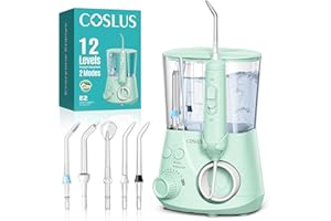 COSLUS Excellent Water Flosser for Teeth Cleaning: 12 Pressure Settings & 2 Modes for Orthodontic, Braces, Sensitive - Patented Storage, 5 Jet Tips and 600ML Tank for Family, Home Use, Green, E2