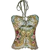Milumia Women's Boho Paisley Print Halter Top Y2k Tie Back Slit Vintage Rave Going Out Tops