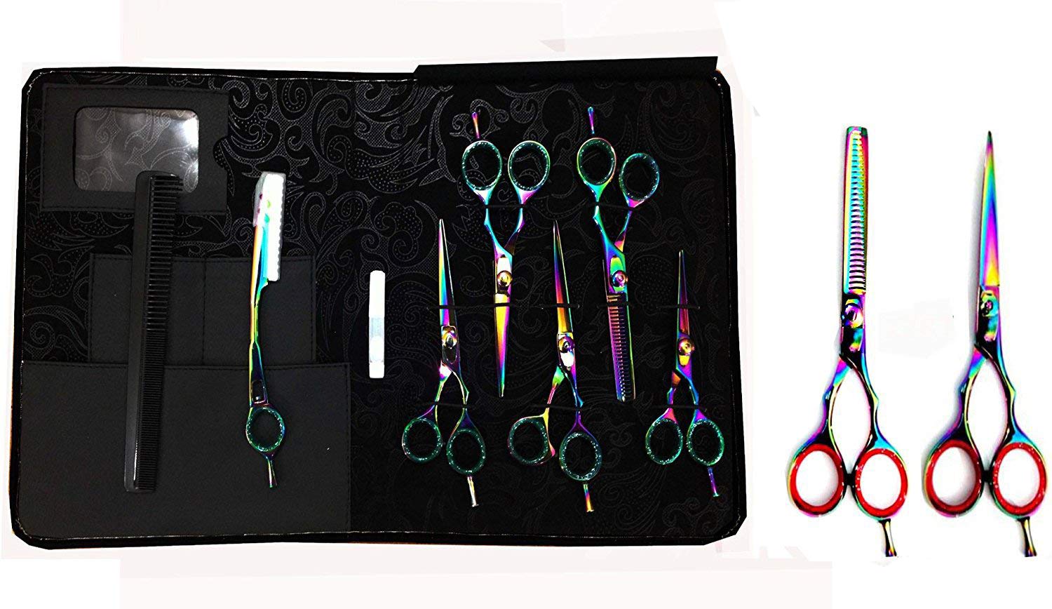 New Multi Color (Complete Students & Barber Kit) Japanese J2 Stainless Steel Pro Razor Edge Barber Hair Cutting Scissors Shears Barber Thinning Scissors Shears and Hair Thinning Razor with Comb