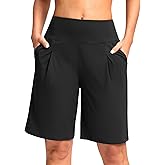 SANTINY Bermuda Shorts for Women Knee Length 9" High Waisted Pleated Casual Long Shorts with Pockets Walking Workout Athletic