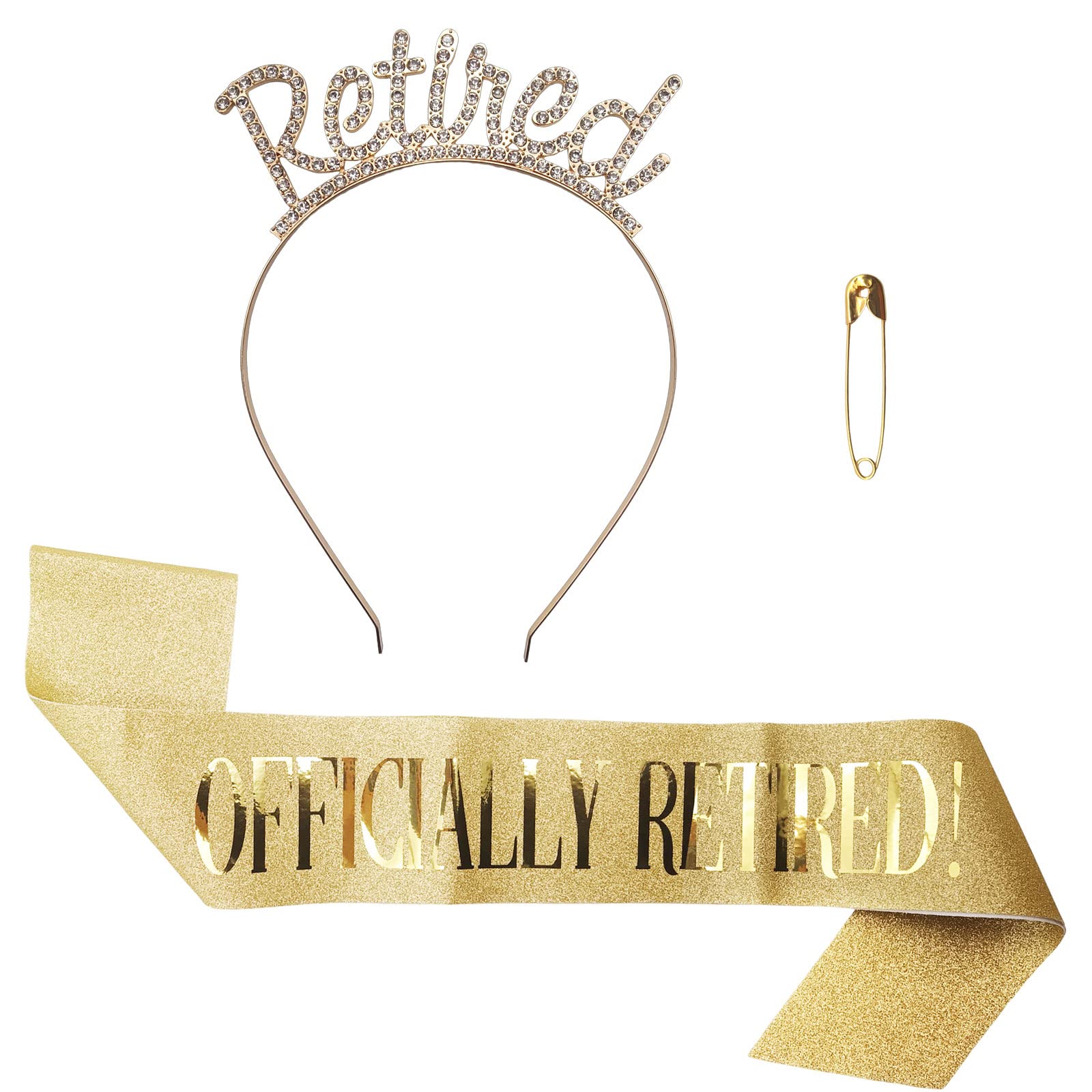 BLMHTWO Retirement Tiara and Sash, Gold Retirement Crown Headband and Sash Set for Women, Officially Retired, Female, Party Decorations