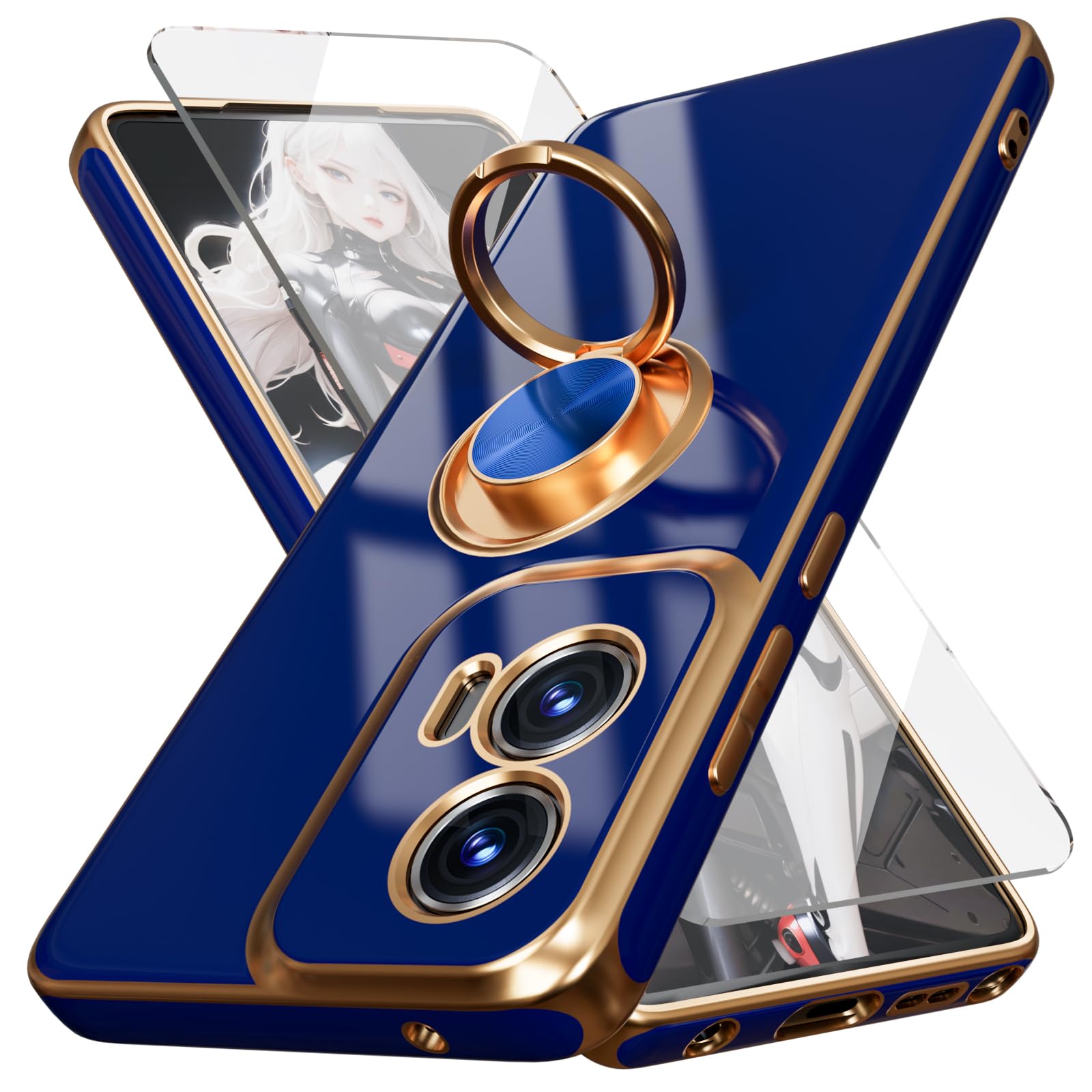 for Moto G Stylus 5G 2024 Case,with Screen Protector, Built-in 360° Rotation Ring Magnetic Kickstand, Plating Gold Edge Soft TPU Shockproof Protective Case for Moto G Stylus 5G 2024 (Blue)