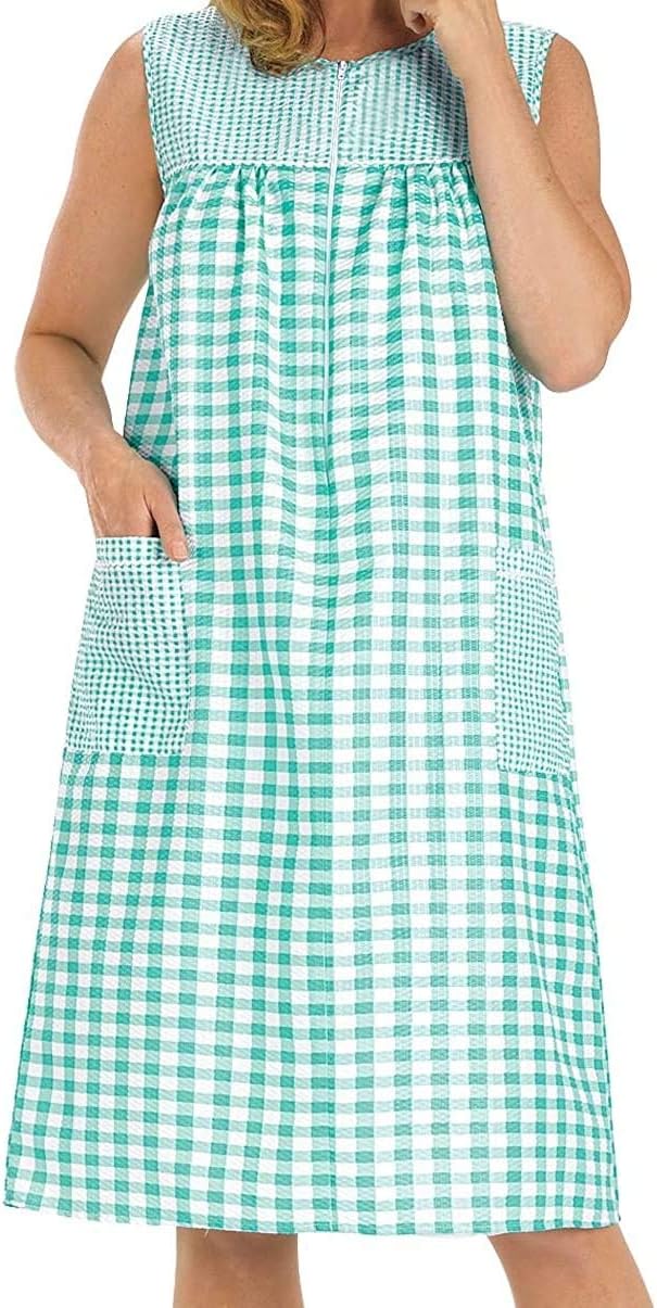 Ezi Womens Sleeveless Zipper Gingham Shift House Dress Duster