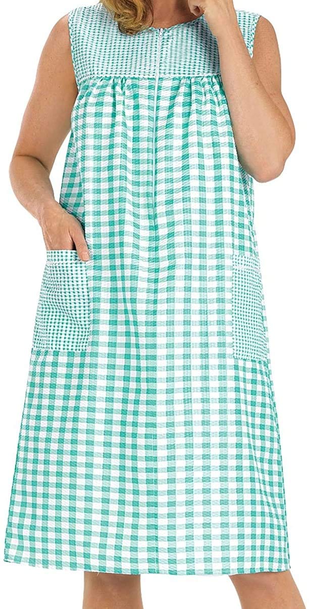 Ezi Womens Sleeveless Zipper Gingham Shift House Dress Duster