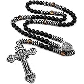 LinZengYo rosary beads catholic for men,black rosary Necklace for men and women with medal & cross,Hematite black stone beads with St.Benedict.