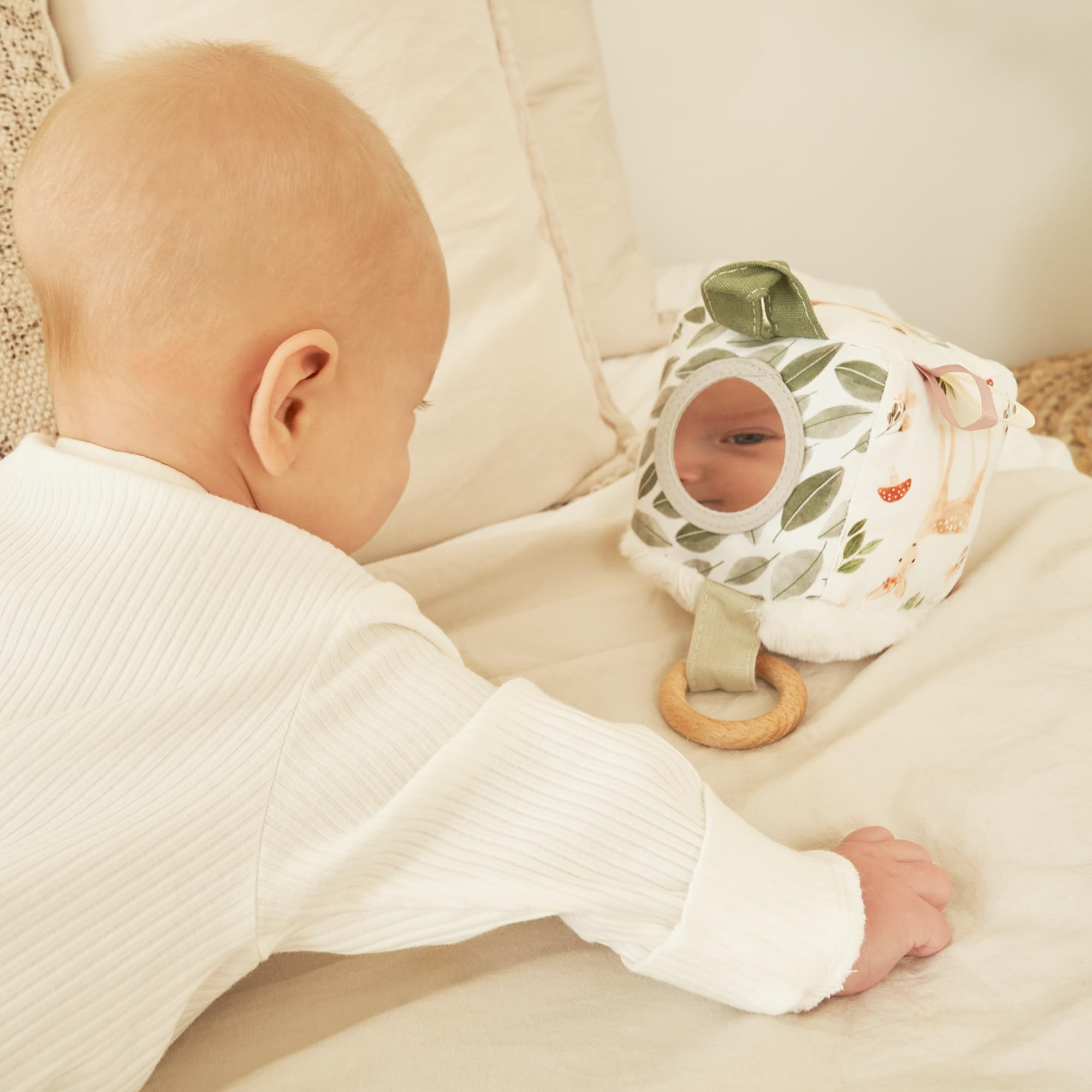 ZICOTO Soft Toy Block with Wooden Ring for Babies 0-3 and 0-6 Months - The Perfect High Contrast Activity Cube & Teething Toy with Tummy Time Mirror for Newborns - A Fun Sensory & Development Gift