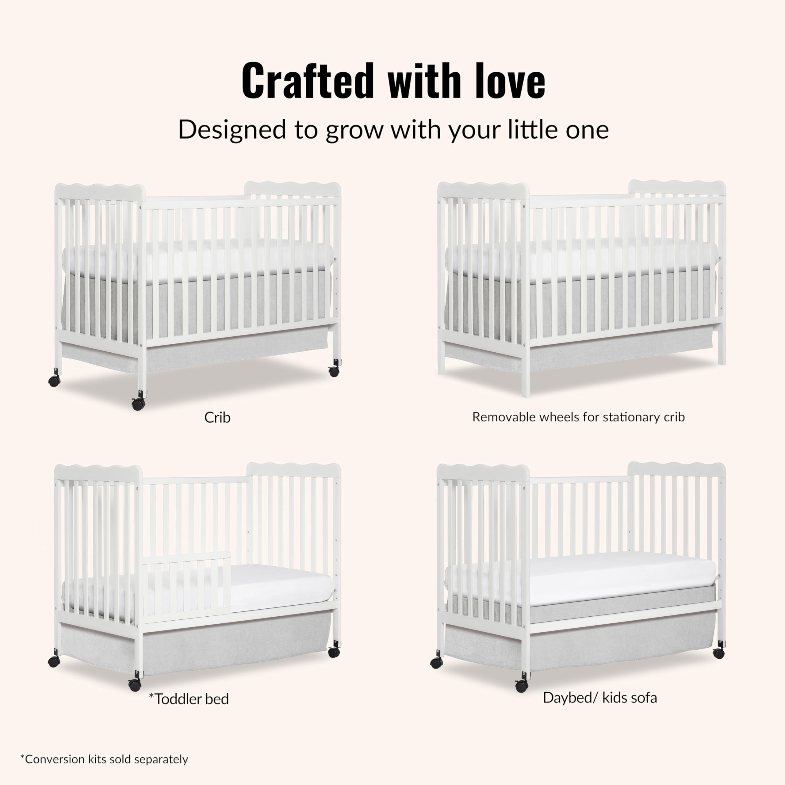 Dream On Me Carson Classic 3-in-1 Convertible Full-Size Baby Crib in White, GreenGuard Gold & JPMA, 4 Mattress Heights, Converts to Day & Toddler Bed, Locking Wheels, Classic Nursery Design