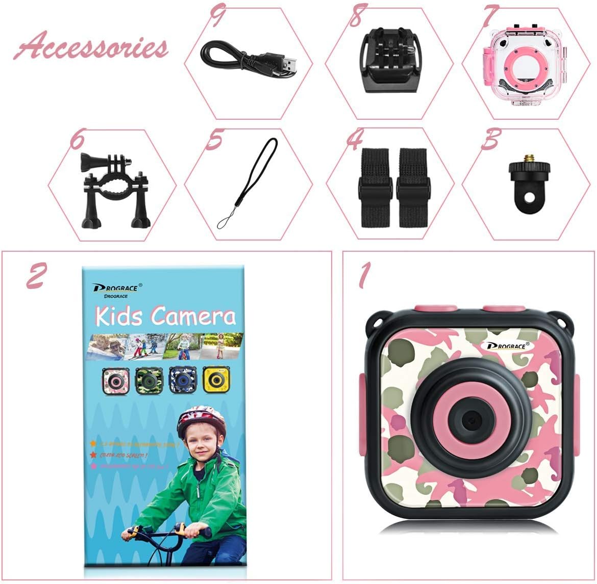 PROGRACE Children Kids Camera Waterproof Digital Video HD Action Camera 1080P Sports Camera Camcorder DV for Girls Birthday Holiday Gift Learn Camera Toy 1.77'' LCD Screen (Pink): Toys & Games