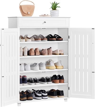 Yaheetech 5-Tier Shoe Cabinet White Wooden Shoes Storage Cabinet with Drawer