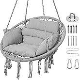 Goutime Hammock Chair, Macrame Hanging Swing Chairs with Cushion and Hardware Kit,Adult Boho Swings for Outside,Patio,Balcony,Bedroom (Light Grey)