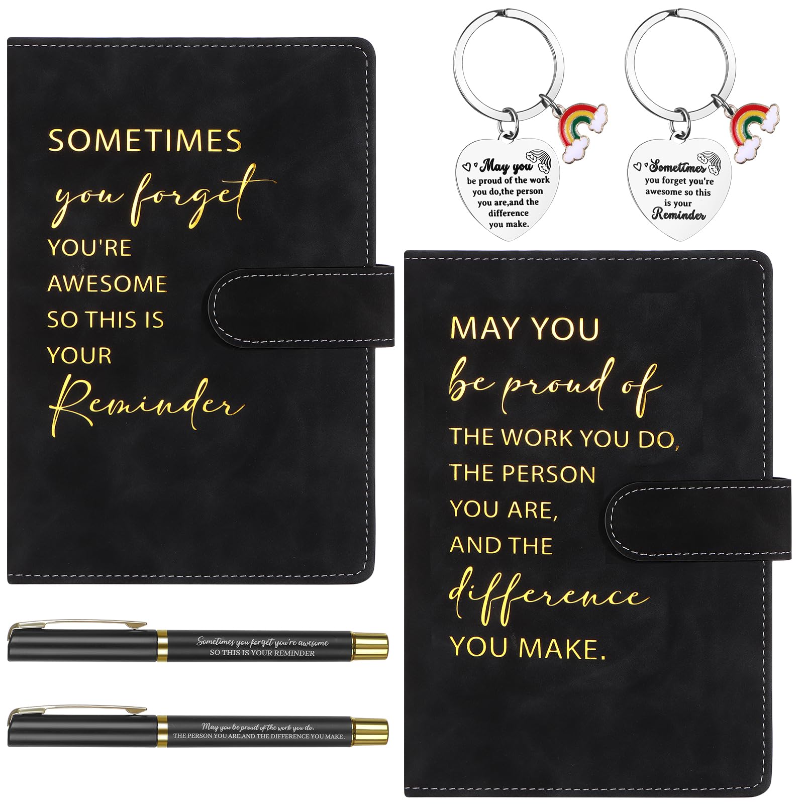 HAOWANWW 6 Pcs Employee Appreciation Gift A5 Black Leather Notebook Pen Keyring Set Inspirational Personalised Stationery Gifts Journal Notebook Bulk New Job Gifts for Men Women Coworker Teacher