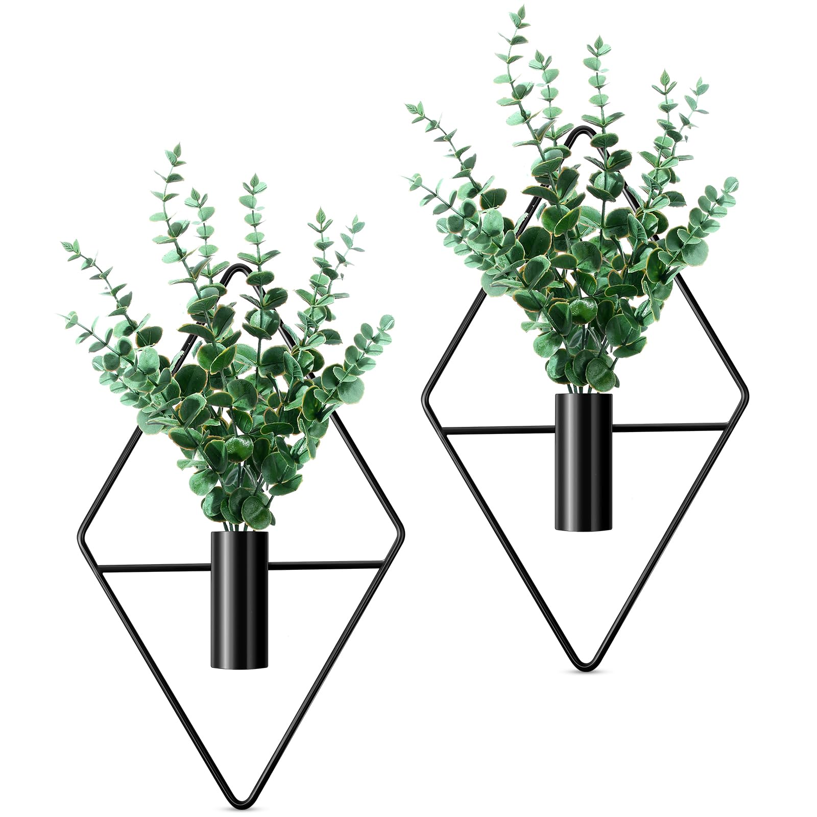 Photo 1 of Canlierr 2 Pieces Wall Decor Hanging Planters with Artificial Plants Metal Hanging Vase Indoor Plants Holder Modern Boho Wall Art for Bathroom Bedroom Living Room Decor(Black,Eucalyptus)