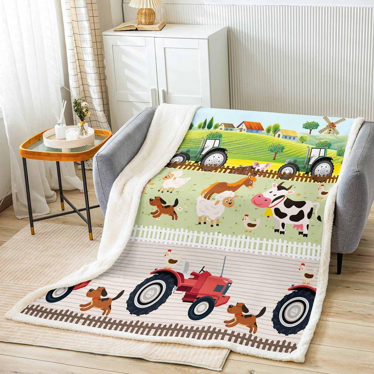 Loussiesd Kids Cartoon Farm Animals Toddler Cute Tractors Plush Blanket Child Farmhouse Country Plush Blanket Colorful Nature for Sofa Bed, Single 50x60 Inch