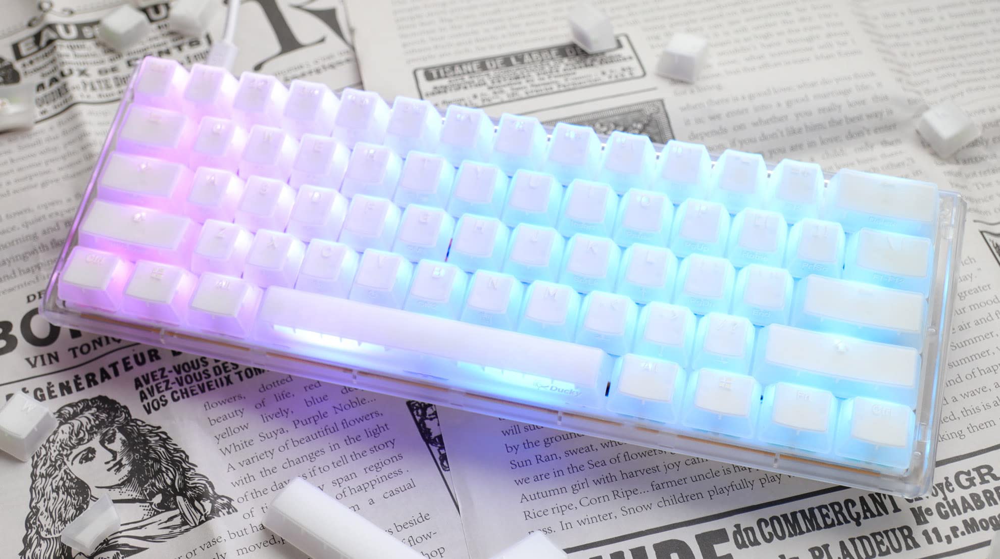 Ducky One 3 Mini Aura Clear White 60% Hotswap RGB LED Double Shot PBT Mechanical Keyboard Cherry MX Blue