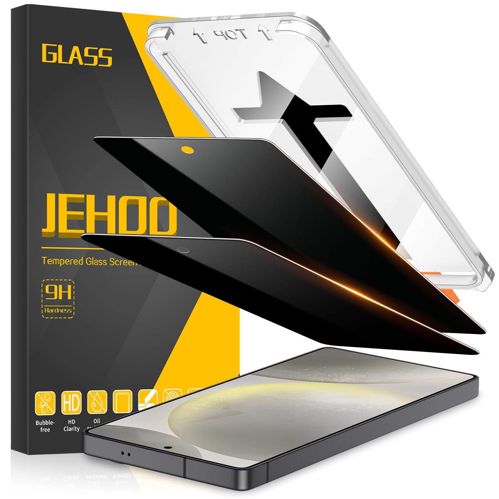 JEHOO [2 Pack] Privacy Screen Protector for Samsung Galaxy S24, Ultrasonic Fingerprint Support, Auto-Alignment Frame, Easiest to Installation, Scratch-Resistant, Bubble-Free