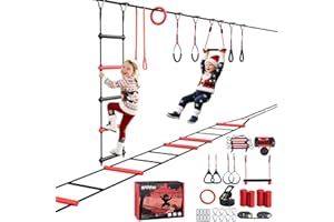 Hapfan Ninja Warrior Obstacle Course for Kids with Rickety Bridge, 50 FT Slackline Kit with Weather-Proof Obstacles, Outdoor Jungle Gym Climbing Toys for Backyard
