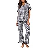 Flygo Gingham Pajama Sets for Women 2 Piece Lounge Set Button Down Cotton Babydoll Shirts Long Plaid Pants Y2K Pjs Sleepwear