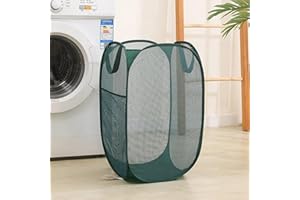DAWNTREES Pop Up Laundry Hamper Basket,Large Collapsible Mesh Storage Basket with Side Pocket,Applicable to Laundry Room, Bathroom,Dorm,Travel Carrying (Green Vertical)