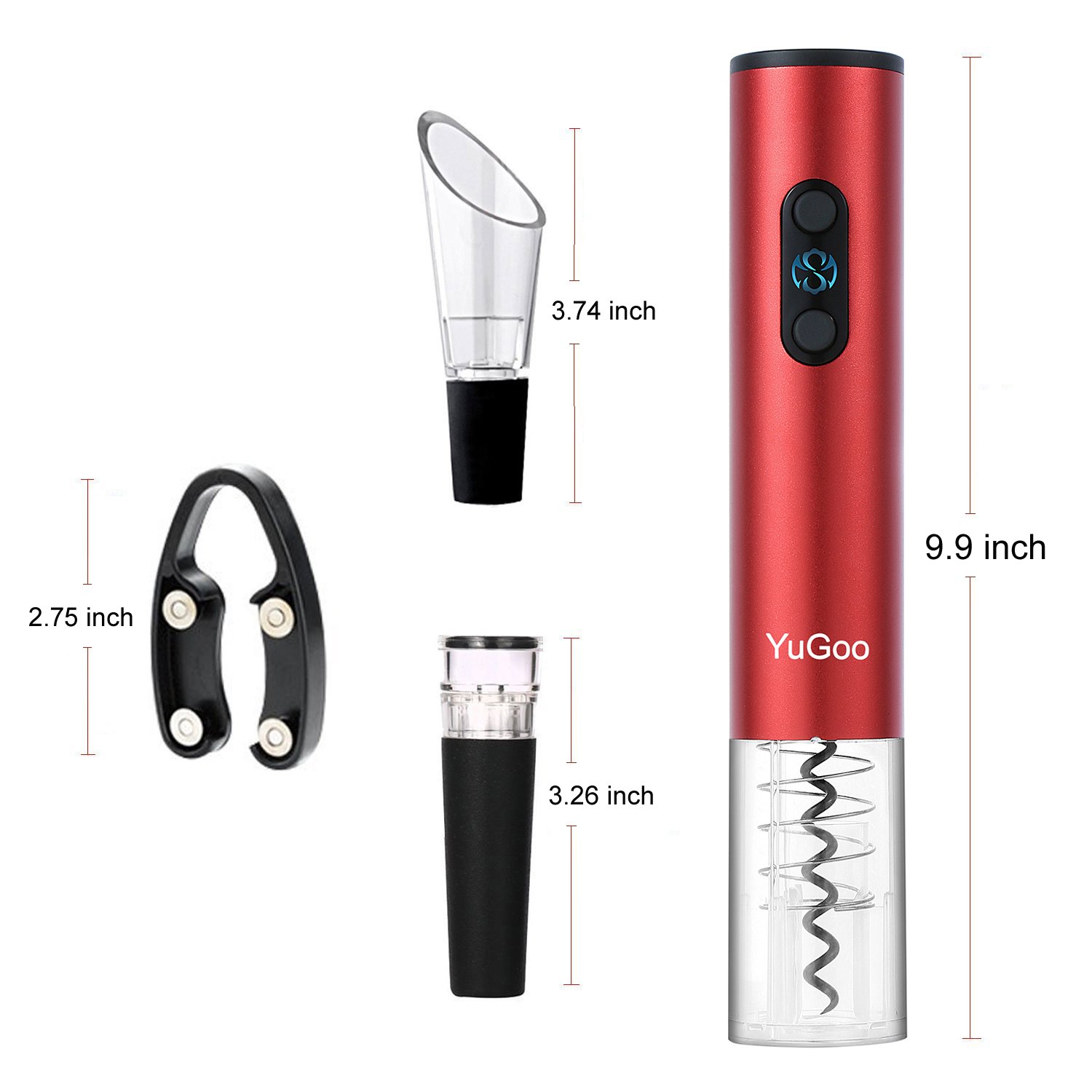 Wine Opener YUGOO Automatic Electric Bottle Opener with Foil Cutter, Vacuum Stopper, Wine Aerator Pourer as Gift Set, - Red