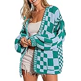 SELINK Women's Cardigan Sweater Vintage Open Front Mixed Checkered Pattern Chunky Knit Plaid Long Sleeve Daily Outwear
