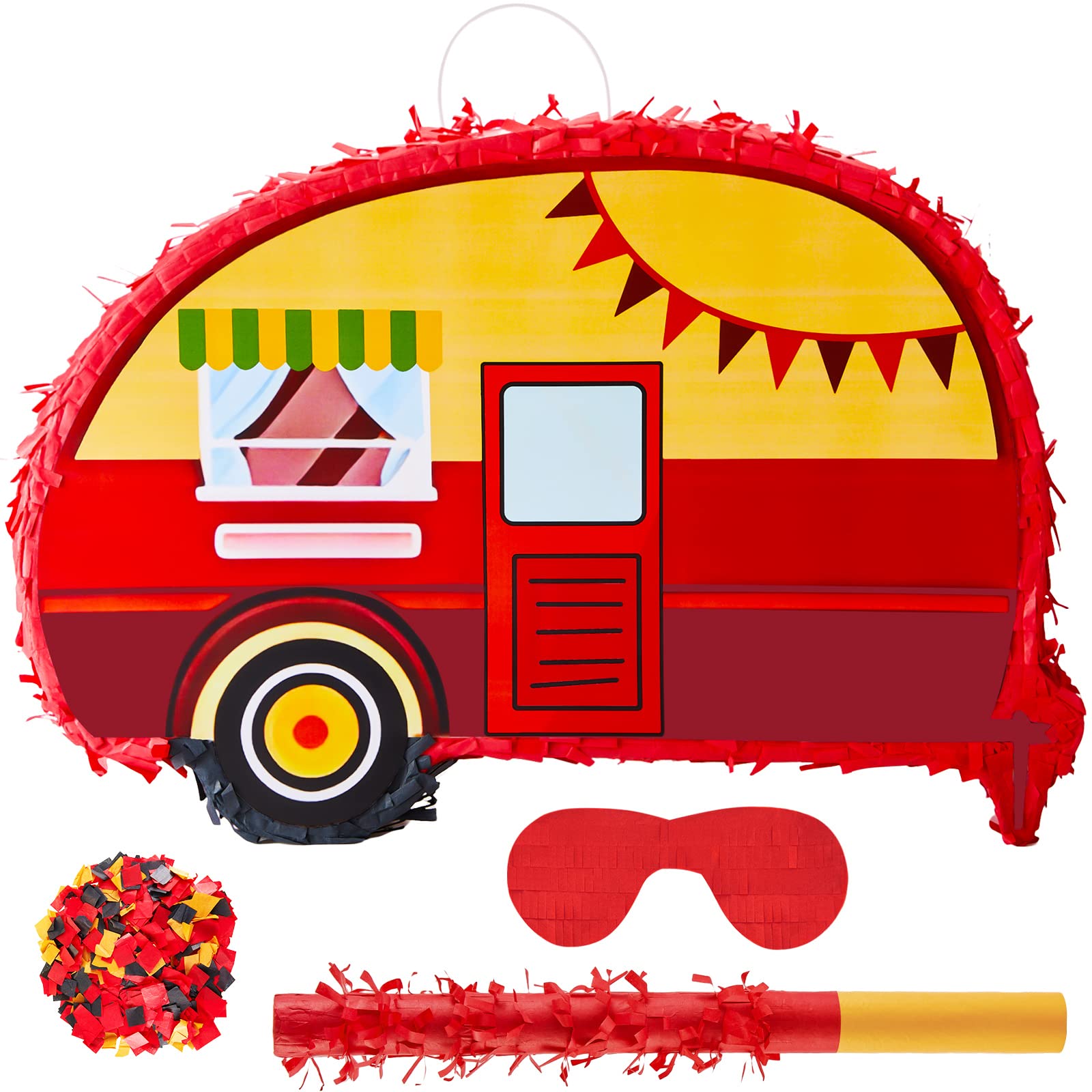 Photo 1 of Meooeck Camping Adventure Piñata Theme with Blindfold Bat and Confetti Birthday Piñata Camp Party Decorations Camper Party Mexican for Camping Photo Prop Candy Holder(Car)