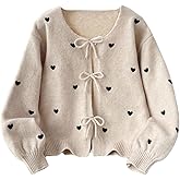 SHENHE Girl's Bow Cardigan Heart Print Button Up V Neck Fall Soft Cute Cardigan Sweater
