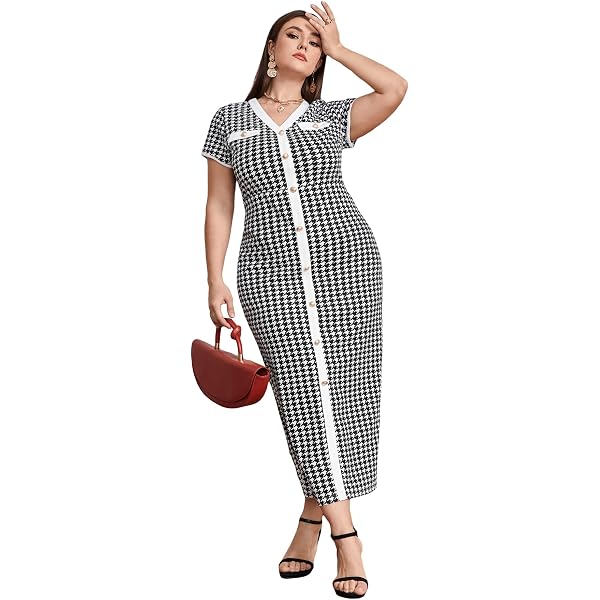 thumbnail image 2 of WDIRARA Women's Plus Size Houndstooth Dress - Button Front Bodycon With Split Hem For Casual & Office Wear 2 of 13