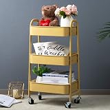 DOEWORKS Storage Trolley on Wheels 3-Tier Metal Cart 70cm Khaki Yellow view 4