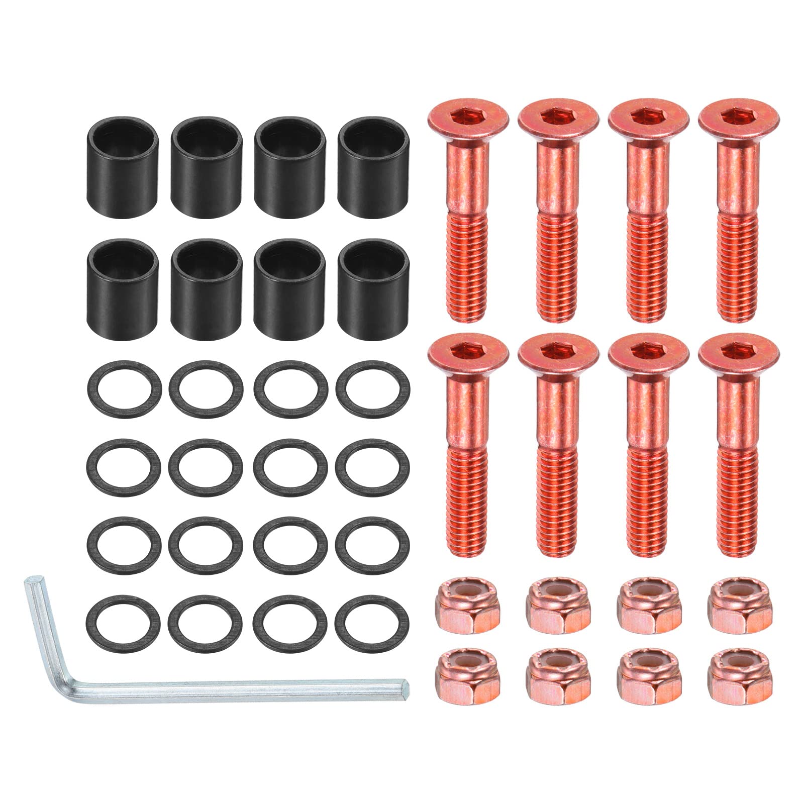 PATIKIL 1 Inch Skateboard Hardware Screws Bolts Kit, 8Pcs Skate Tools Mounting Hex Key Parts with Spacers Washers Nuts Wrench for Skateboard Longboard Wheel Accessories, Red Black