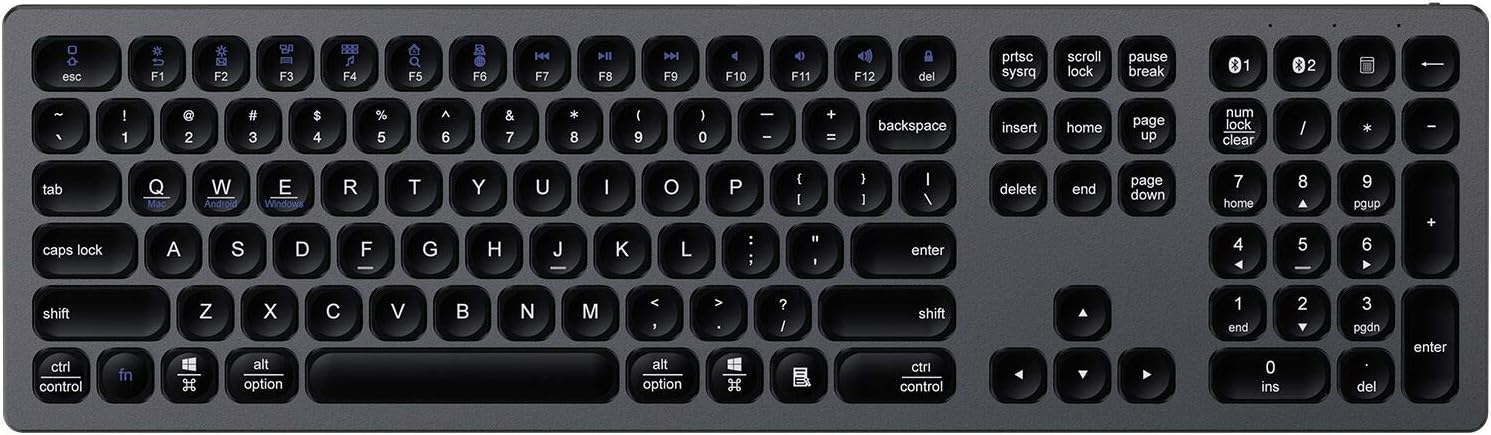 Bluetooth Keyboard, Ultra Slim Aluminum Wireless Keyboard with Numeric Keypads & Silent Click, Rechargeable Full-Size Keyboard for Mac OS iOS Windows Android
