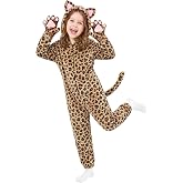 Halloween Cat Costume for Girls - Animal Costume Dress Up Gifts for Kids | Black Cat Halloween Costumes for Kids Age 3-10, Cheetah Costume Onesie, 3D Hood, Gifts for Birthday Party Cosplay, Role Play