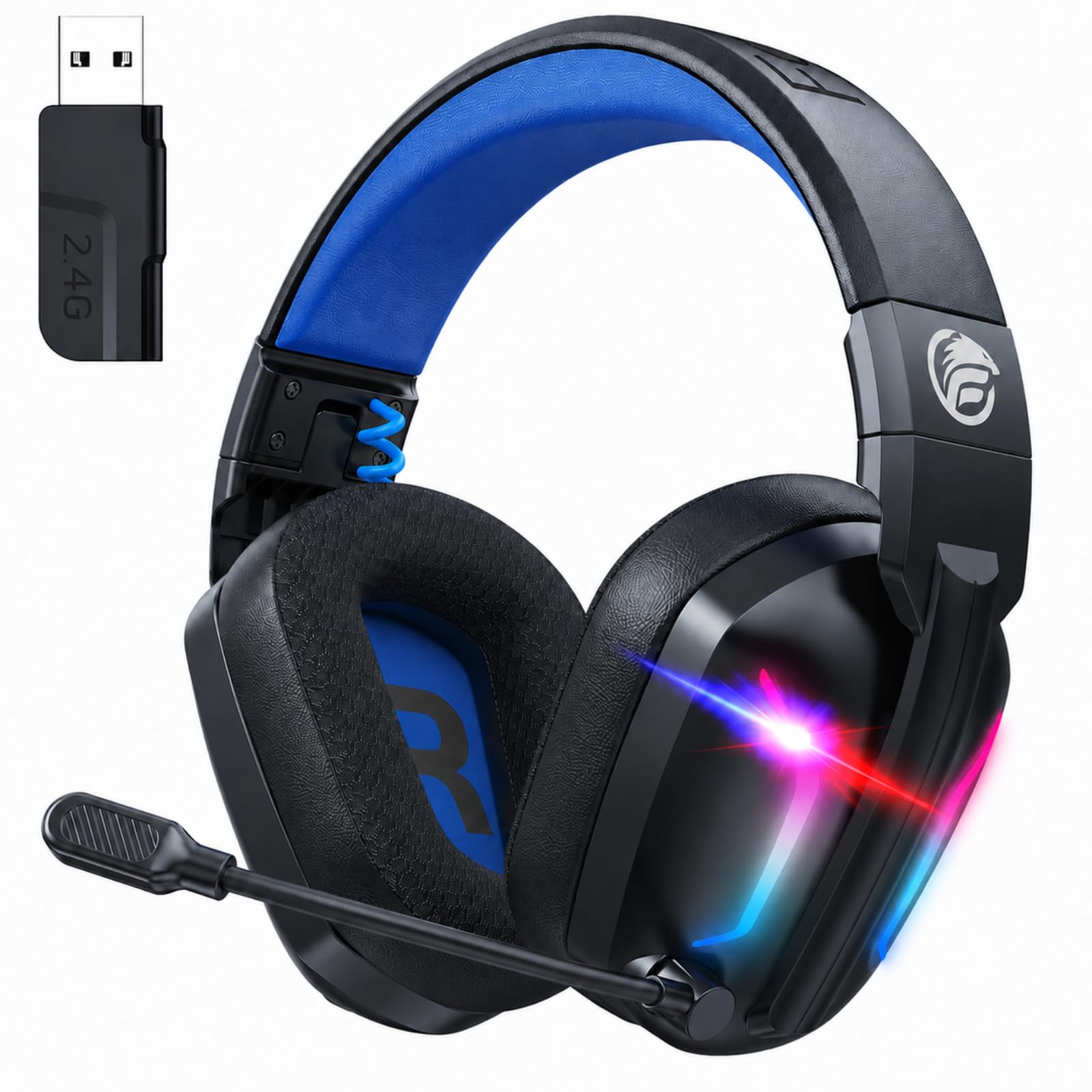 Fachixy Wireless Gaming Headset mit Mikrofon für PS5, PS4, PC, Switch, Mac und Laptop, 2,4GHz Low Latency USB & Bluetooth, faltbar mit LED-Licht, Surround Sound und 80 Std. Akkulaufzeit