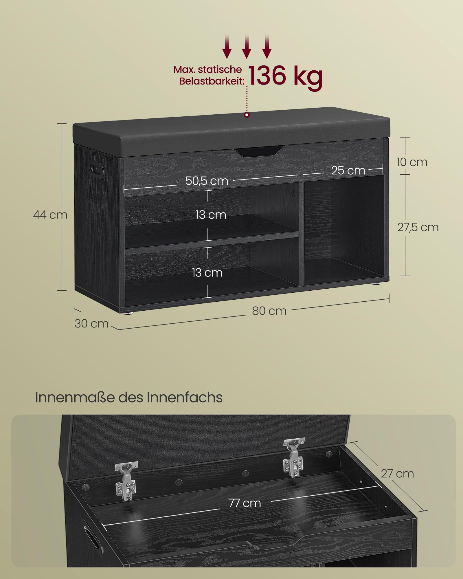 VASAGLE Schuhbank mit Sitzfläche, Sitzbank mit Stauraum, gepolstert, Fach unter Sitzkissen, Schuhregal Wohnzimmer, Flur, bis 136 kg belastbar, 30 x 80 x 44 cm, ebenholzschwarz-tintenschwarz LHS030B03 3