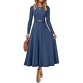 ZESICA Women's Long Sleeve Midi Sweater Dress 2026 Fall Crewneck Knit A Line Pleated Flowy Long Dresses with Belt