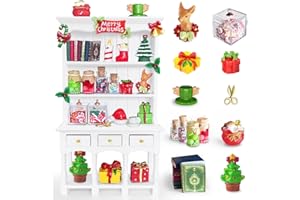 BEIREG Dollhouse Miniatures Accessories 1/12 Scale, 34pcs White Wooden Bookshelf Furniture Kit - Mini Books&Gift Boxes, Candy Jars, Christmas Tree&hat, Dollhouse Christmas Decorations for Kids