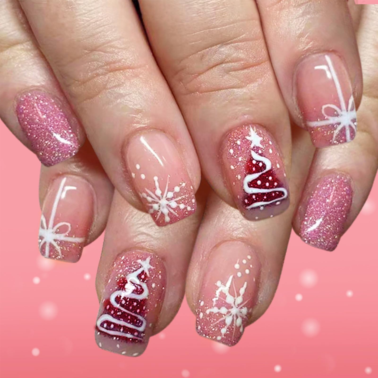Photo 1 of 24Pcs Christmas Press on Nails Short Square, Pink Christmas Tree Glitter Snowflakes Fake Nails with Designs Artificial Full Cover Stick on Nails Winter Xmas Acrylic False Nails for Women Girls