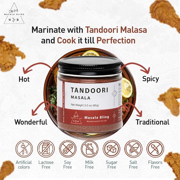 MASALA BLING TANDOORI SPICE BLEND, AUTHENTIC INDIAN SEASONING FOR CHICKEN, COTTAGE CHEESE (PANEER), AND MARINADES, GROUND POWDER, 3.0 OZ JAR
