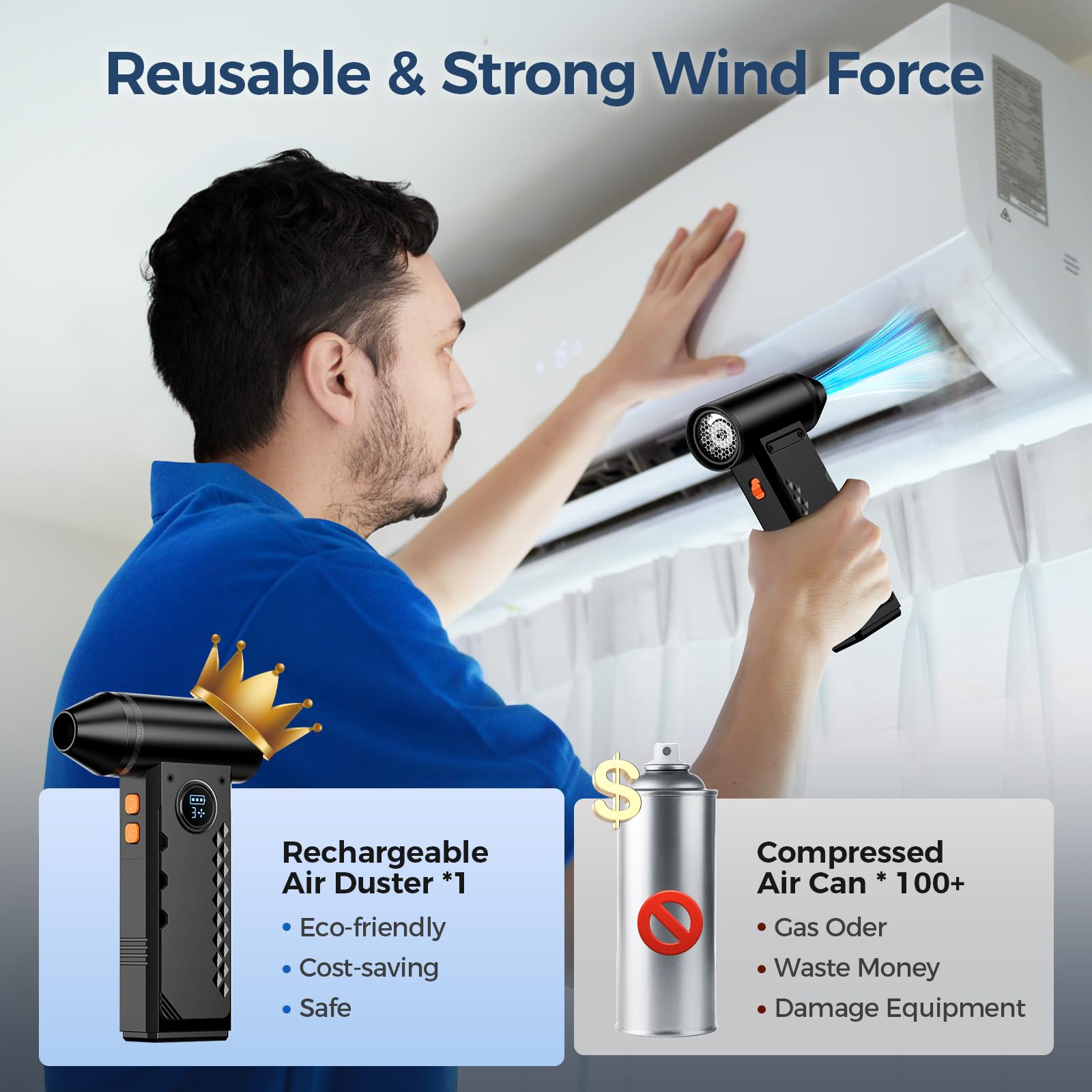 Compressed Air Duster, 150000RPM Electric Air Duster with LED Display & Light, 4 Gear Adjustable Cordless Air Blower, Rechargeable Brushless Motor Turbo Fan for Keyboard, Electronic Devices, Home, Car