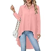 OPOIPIN Women's Button Down Asymmetrical Hem Collar V Neck Long Sleeve Blouse Top