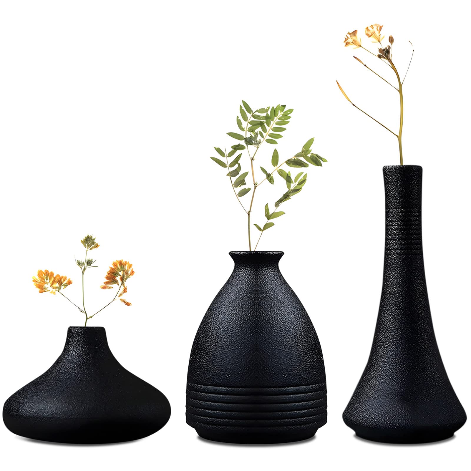 Modern Rustic Mini Black Ceramic Vases Set of 3 for Home Decor, Bud Vases Set, Decorative vase for Pampas Grass & Dried Flowers
