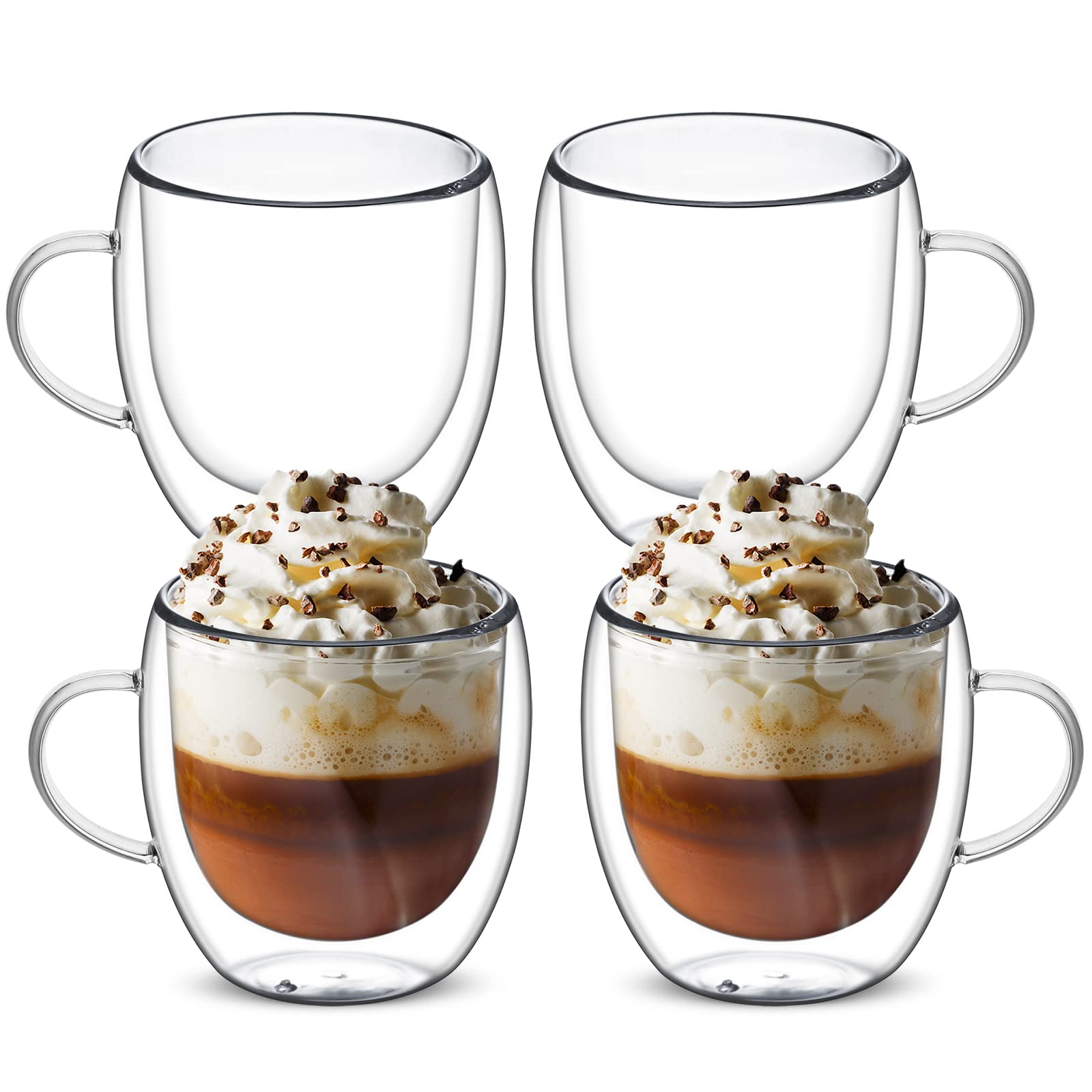 autumndeer Set of 4 Double Walled Glass Mug Set, Drinking Glass Coffee Mugs with Handle, Insulated Layer Coffee Cups, Clear Glass Mugs for Latte, Cappuccinos, Tea, Juice, Hot/Cold Drinks (250ml)
