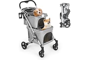 Beberoad Pets T1 Double Pet Stroller for 2 Small Dogs or Cats – Lightweight Foldable Dog & Cat Stroller with Removable Carrier, Travel-Friendly for 2 Pets (Grey)