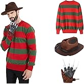 Lyxaof Horror Killer Sweater Costume Adult Green Red Striped Sweater with Claw Gloves Hat 10 Scar Stickers Halloween Cosplay